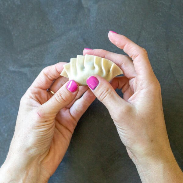 Hands with Gyoza in hand
