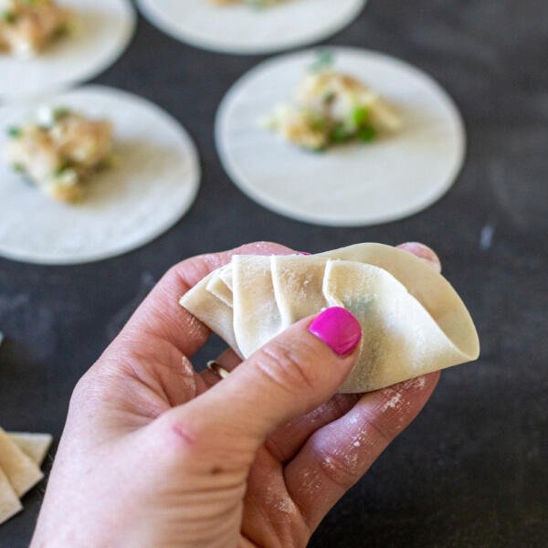 Gyoza getting sealed in hand