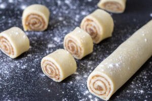 Rugelach dough with filling cut into pieces