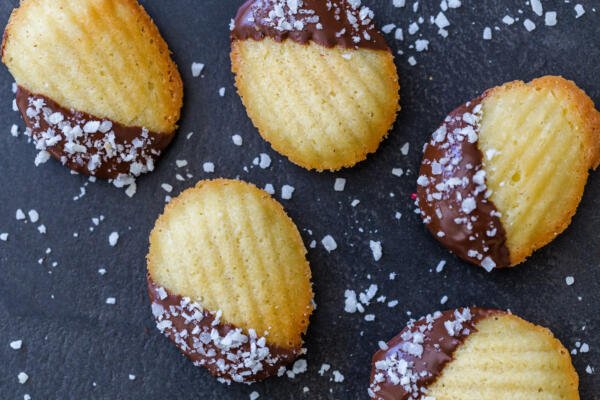 Madeleine cookies dipped in chocolate