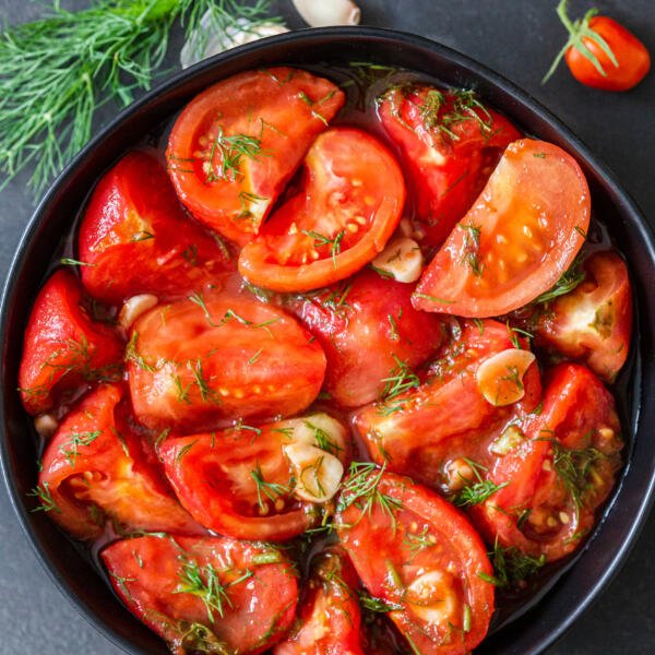 Marinated tomatoes in a bowl