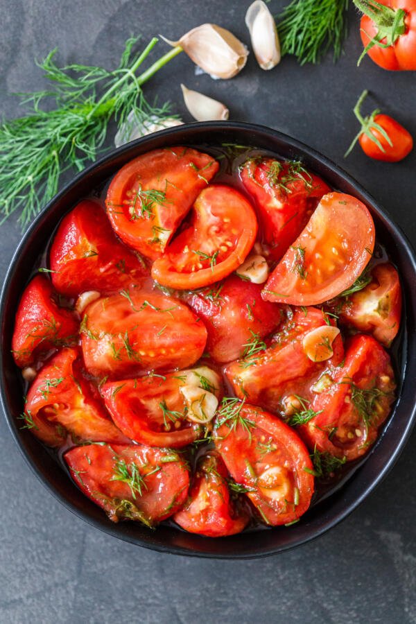 Marinated tomatoes in a bowl