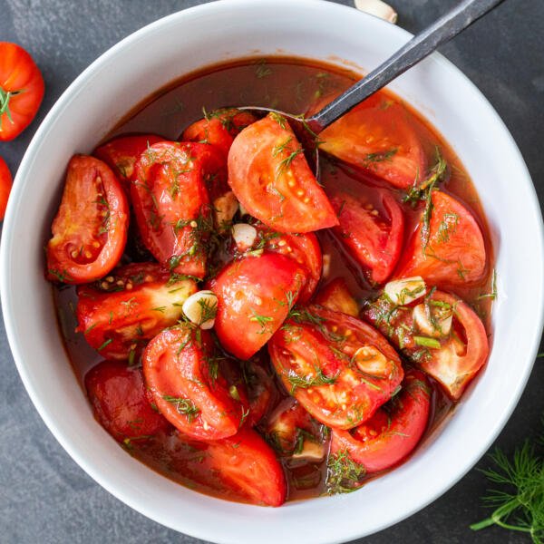 Marinated tomatoes in a bowl