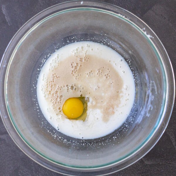 water, yeast and sugar in a bowl with egg and milk