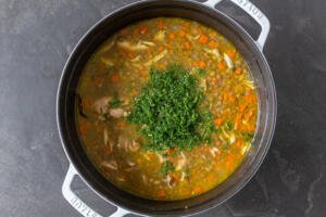 Chicken lentil soup in a pot with dill