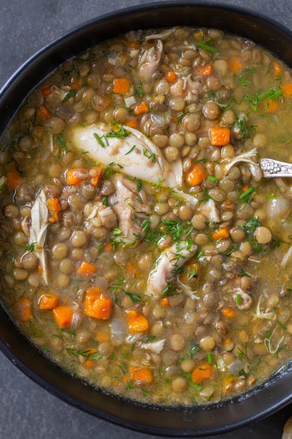 Lentil chicken soup in a bowl