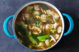 Wonton soup in a pot