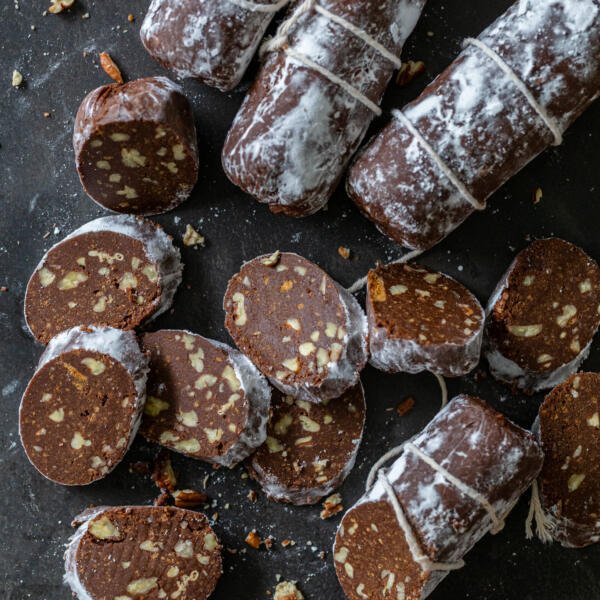 Sliced chocolate salami