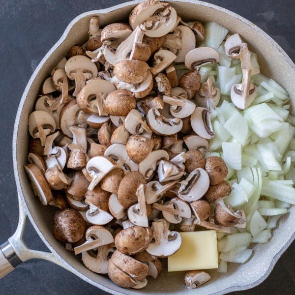 mushroom onion and butter in a pan