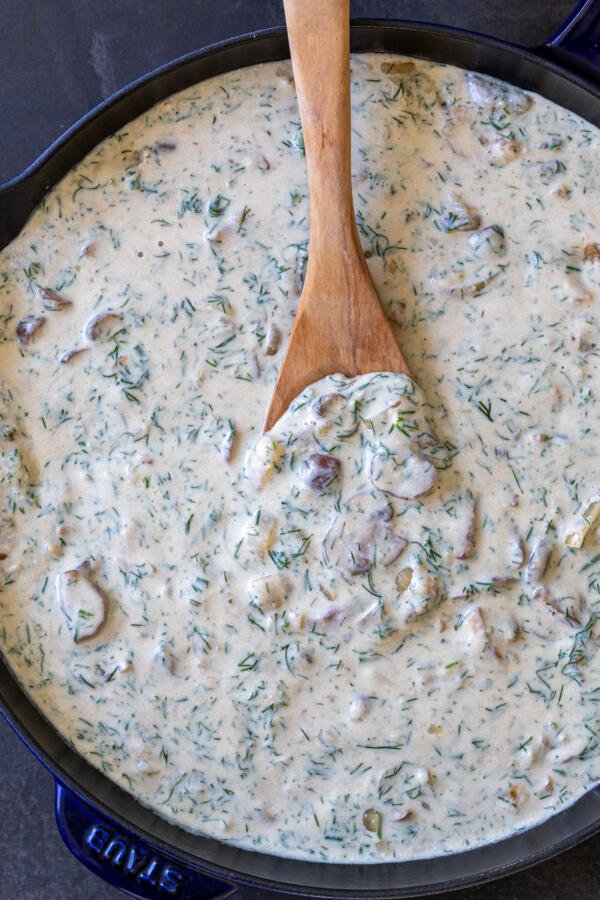 Mushroom gravy in a pan