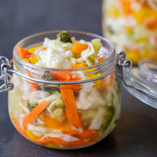 a jar of pickled vegetables