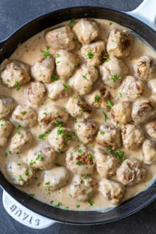 meatballs with gravy in a pan