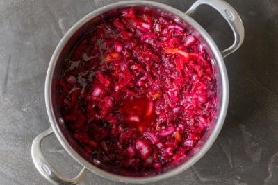Marinated beets with veggies in a pot