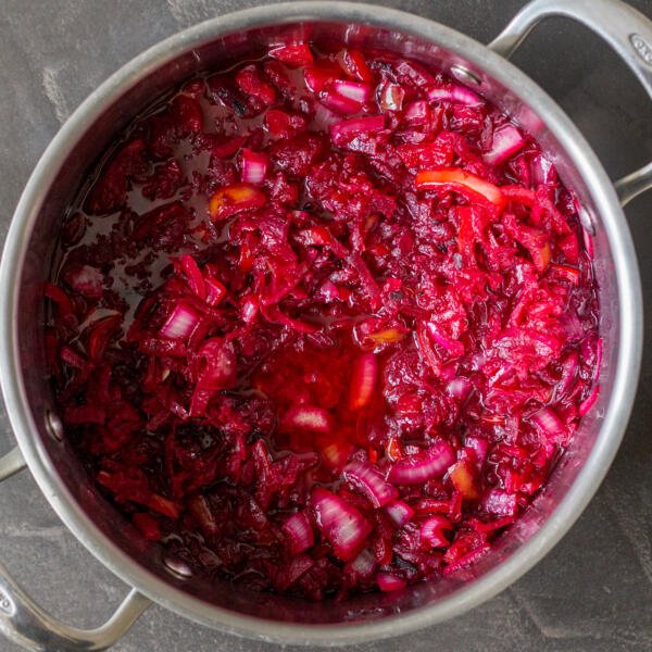 Marinated beets with veggies in a pot