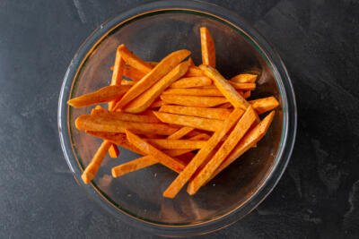 Cut up sweet potatoes in a bowl