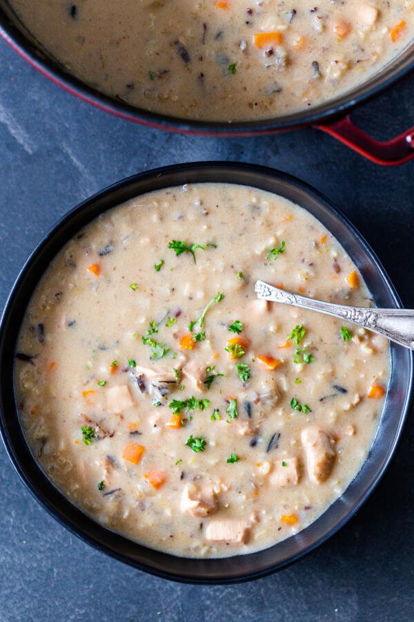 A bowl of wild rice of soup