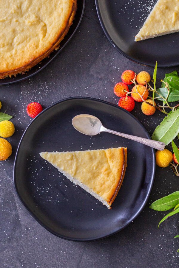 A slice of Farmers Cheese Coffee Cake on a plate