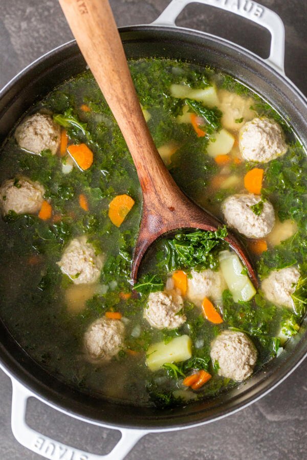 A pot of kale meatball soup