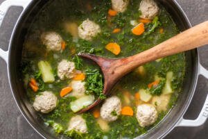 A pot of kale meatball soup