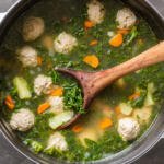 A pot of kale meatball soup