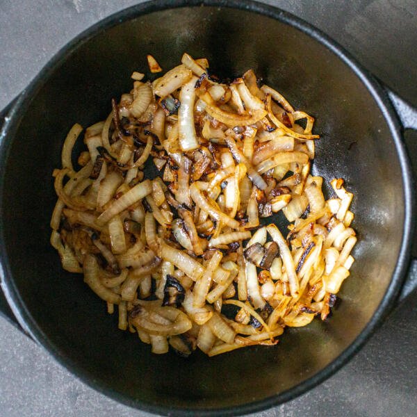 browned onions in a pot
