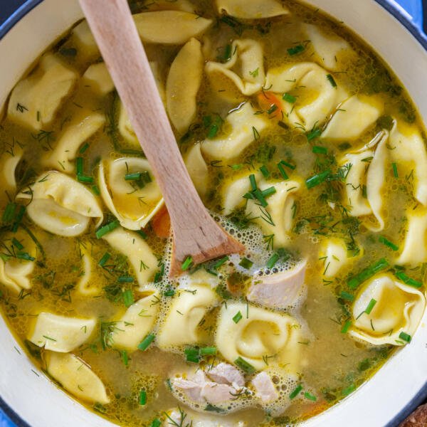 Chicken Tortellini Soup in a pot