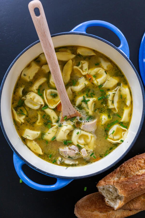 Chicken Tortellini Soup in a pot