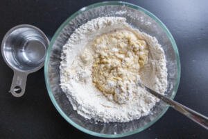flour with wet ingredients in a bowl