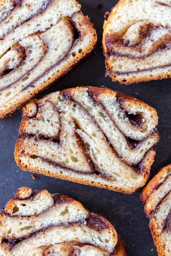 Slices of babka on a tray. 