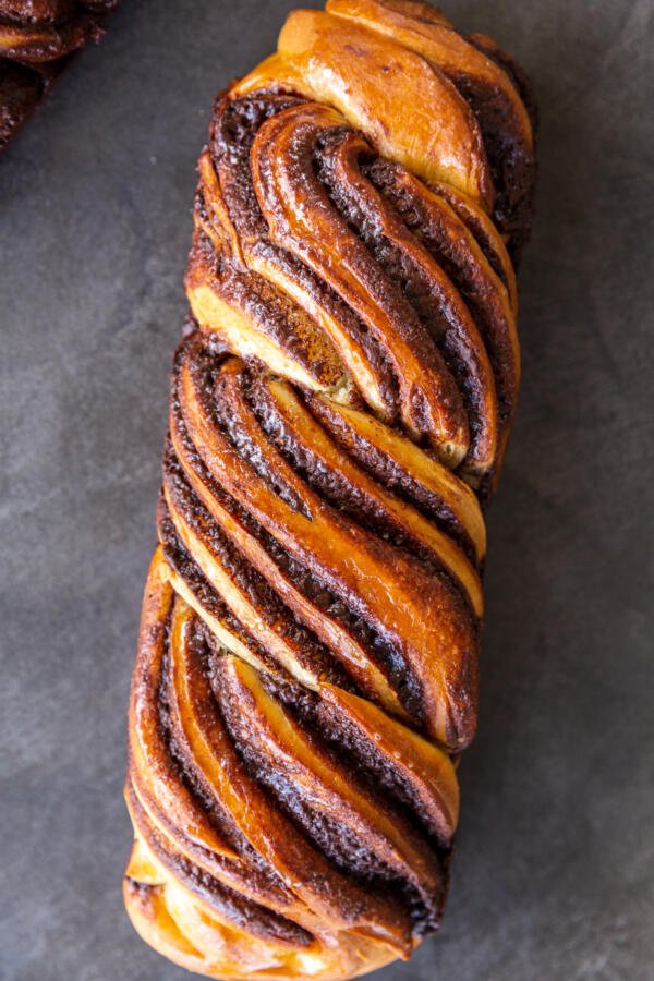 Chocolate Babka on serving table.