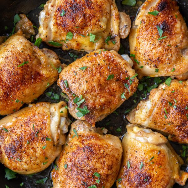Baked chicken thighs in a pan
