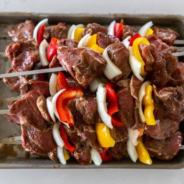 Lamb on a skewer with veggies