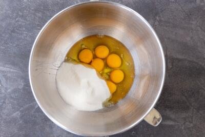 eggs and sugar in a mixing bowl