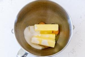 butter, sugar and egg in a mixing bowl