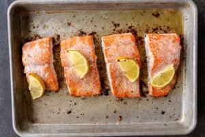 baked salmon on a baking sheet