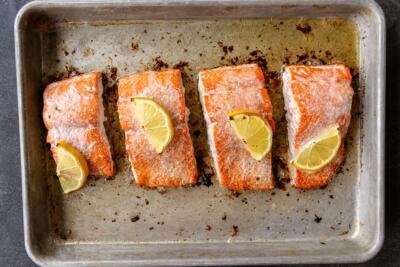 baked salmon on a baking sheet