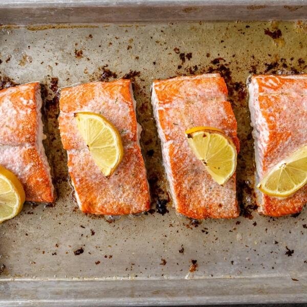baked salmon on a baking sheet