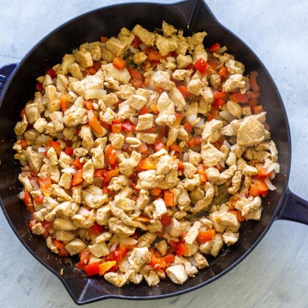 cooked chicken, bell peppers and onion