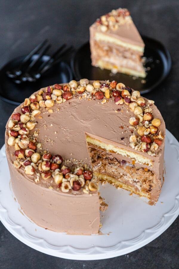 Kiev Cake sliced open in a cake stand 