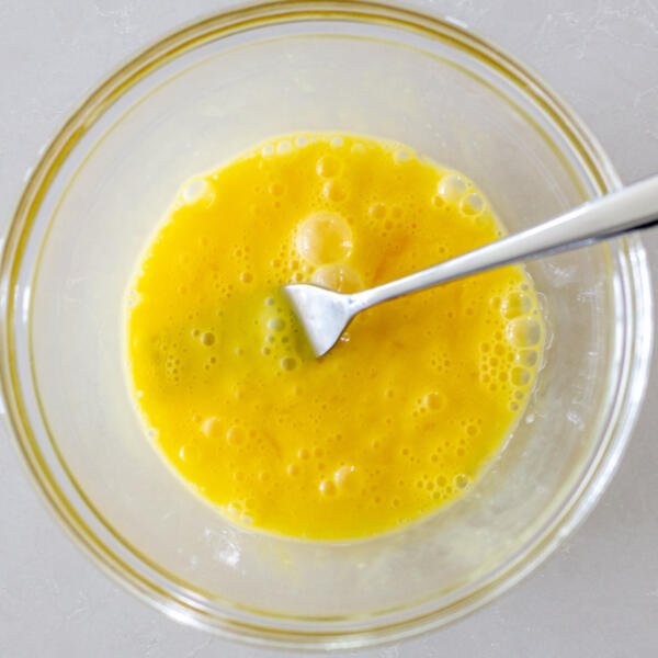 whisked eggs in a bowl