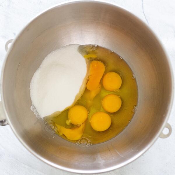 eggs and sugar in a mixing bowl