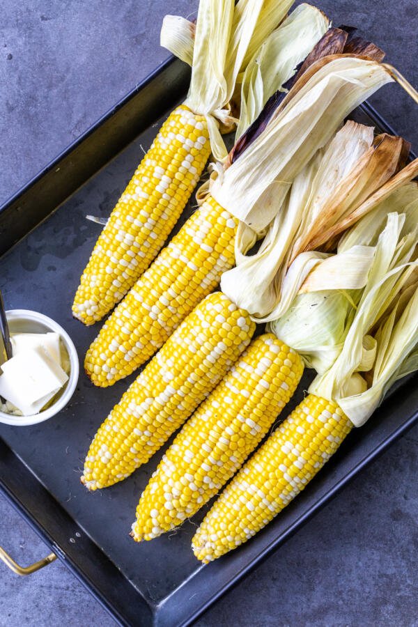 grilled corn on a tray