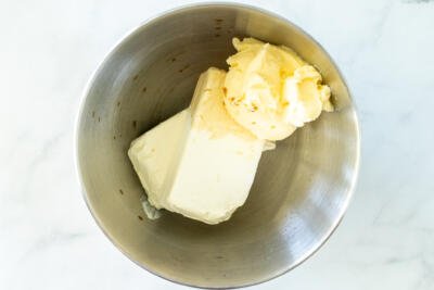 cream cheese and butter in a mixing bowl