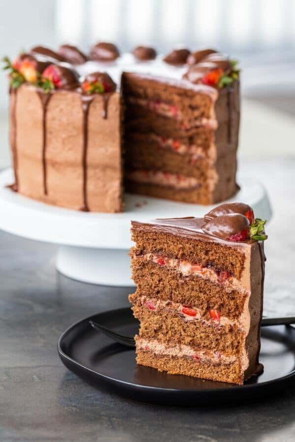 a slice of chocolate strawberry cake 
