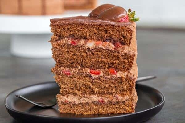 a slice of chocolate strawberry cake