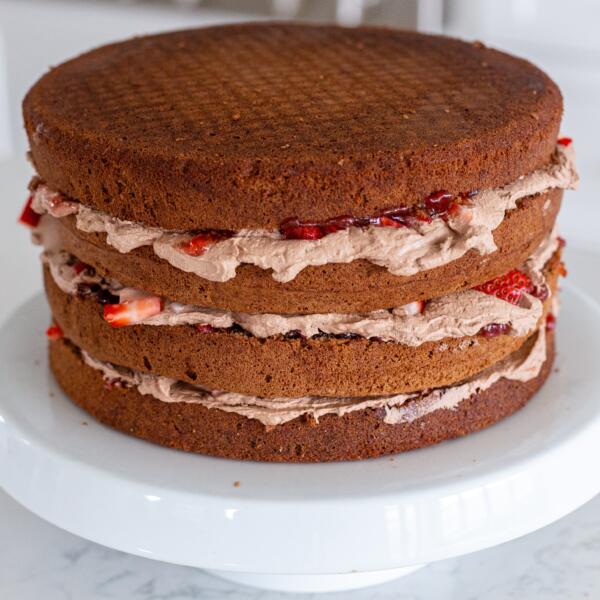 cream in between chocolate sponge cake layers