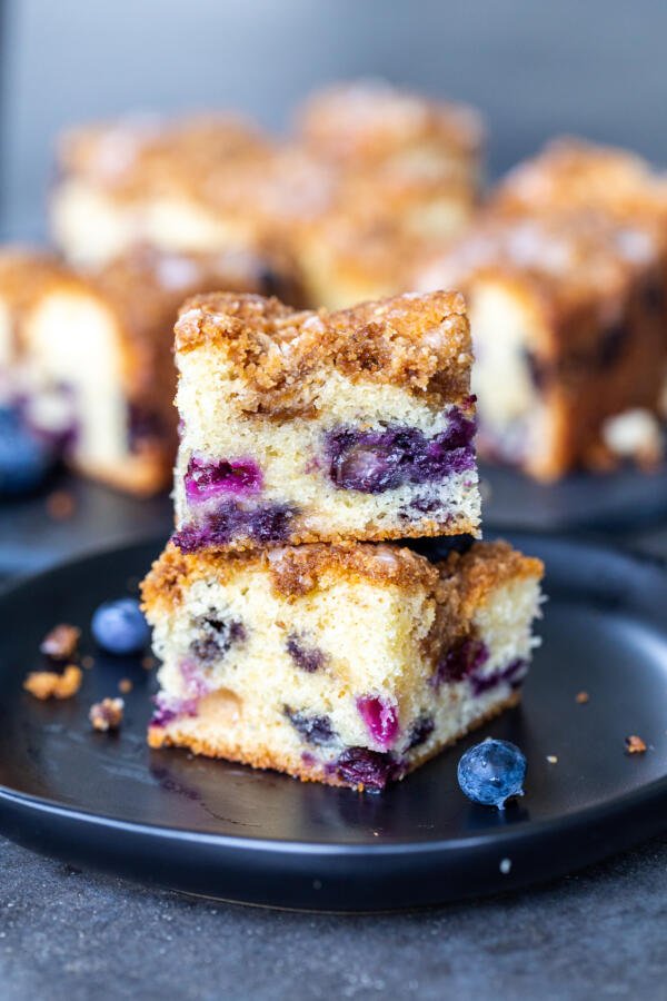 a slice of blueberry coffee cake