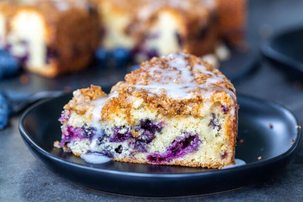 a slice of blueberry coffee cake