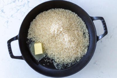 rice with butter in a pan