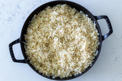 Cooked rice in a serving tray
